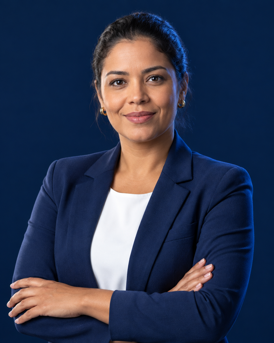 Contadora de blazer azul-marinho, de braços cruzados, olhando para a câmera