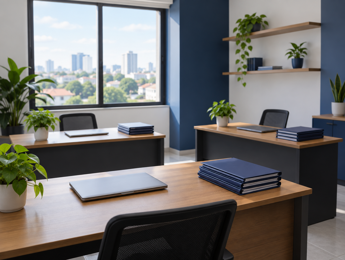 Escritório claro e organizado, com mesas, pastas e plantas