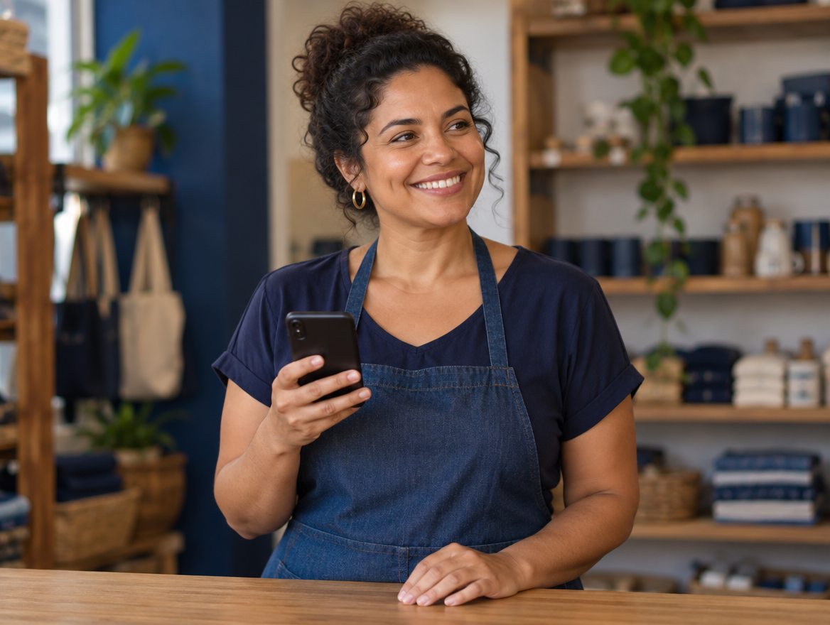 Microempreendedora olhando o celular no balcão do seu negócio